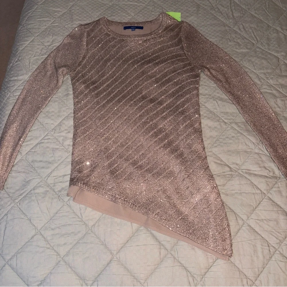 Apt 9 Sweater Gold Taupe XS Sparkly Thru out✨Long Sleeve Tunic Top Holiday Nice - Picture 11 of 13